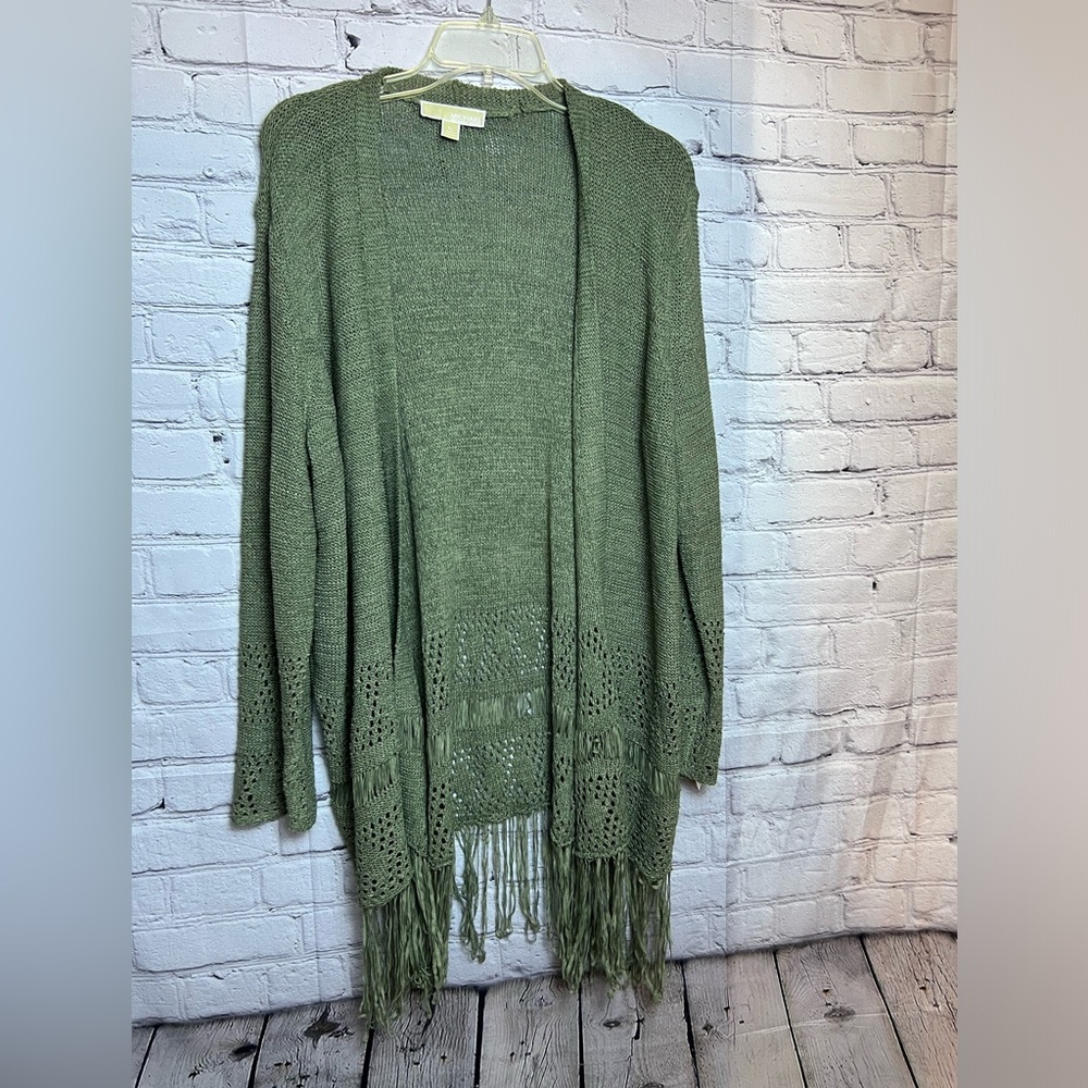 Michael Kors Open cardigan eyelet crochet detailing with a fringe hem | XL